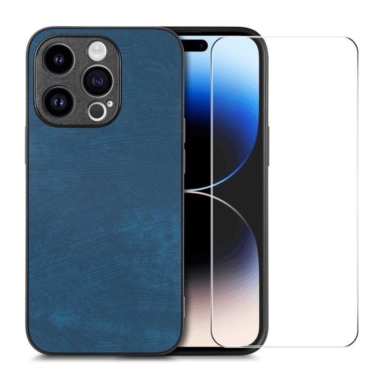 For iPhone 14 Pro Max ENKAY Retro Leather Skin PC Phone Case with High Aluminum-silicon Glass Film(Blue) - HoMEdemic™ 