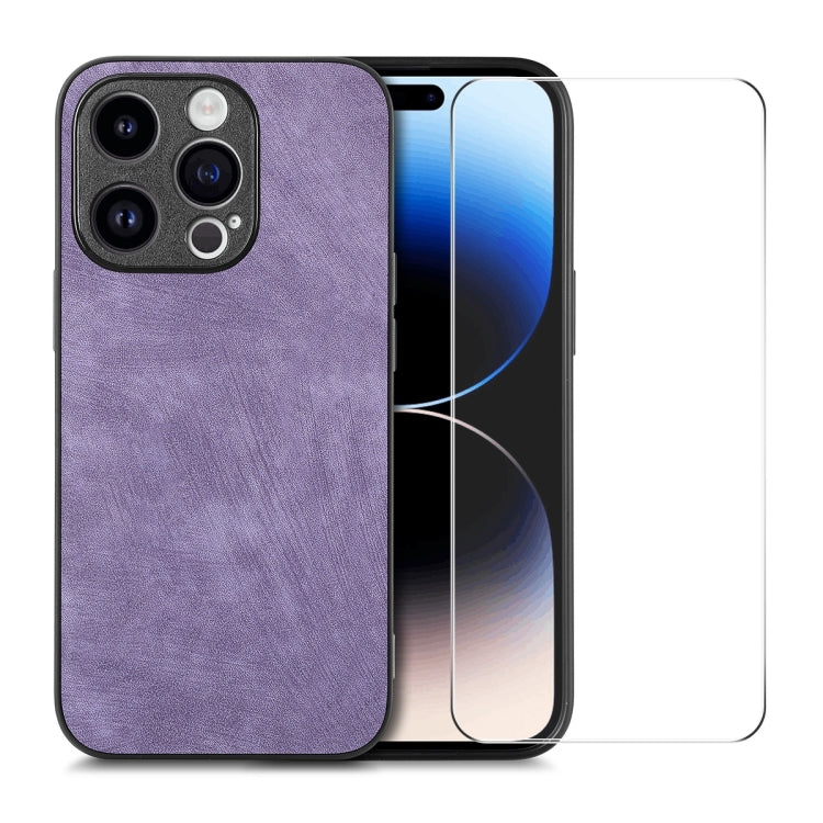 For iPhone 14 Pro Max ENKAY Retro Leather Skin PC Phone Case with High Aluminum-silicon Glass Film(Purple) - HoMEdemic™ 