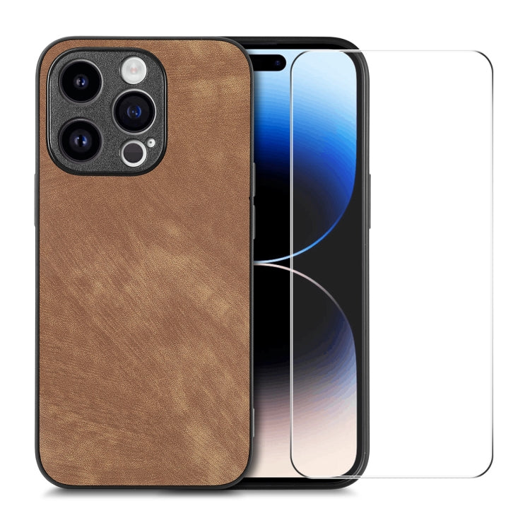 For iPhone 14 Pro Max ENKAY Retro Leather Skin PC Phone Case with High Aluminum-silicon Glass Film(Brown) - HoMEdemic™ 