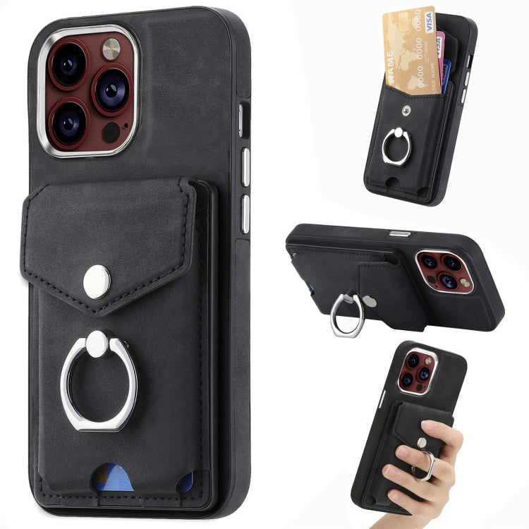 For iPhone 15 Pro Electroplating Skin-feel Leather Ring Card Wallet Phone Case(Black) - HoMEdemic™ 