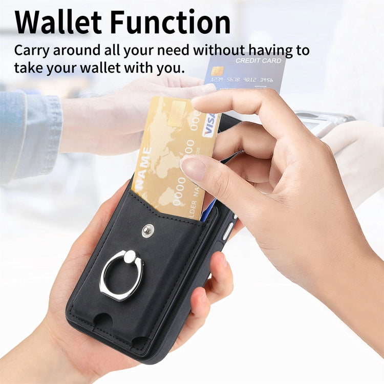 For iPhone 15 Pro Electroplating Skin-feel Leather Ring Card Wallet Phone Case(Black) - HoMEdemic™ 