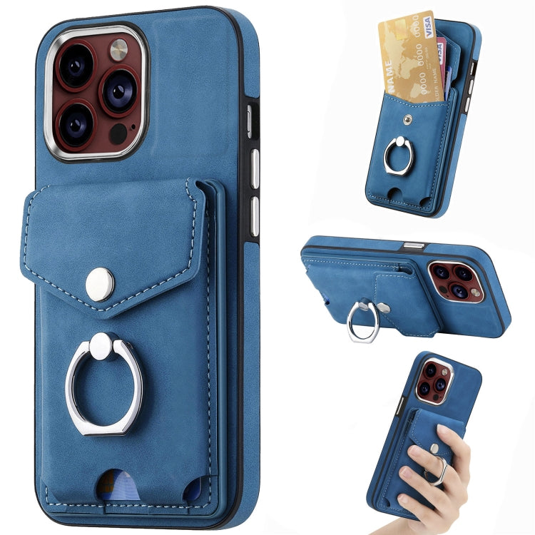 For iPhone 15 Pro Electroplating Skin-feel Leather Ring Card Wallet Phone Case(Blue) - HoMEdemic™ 