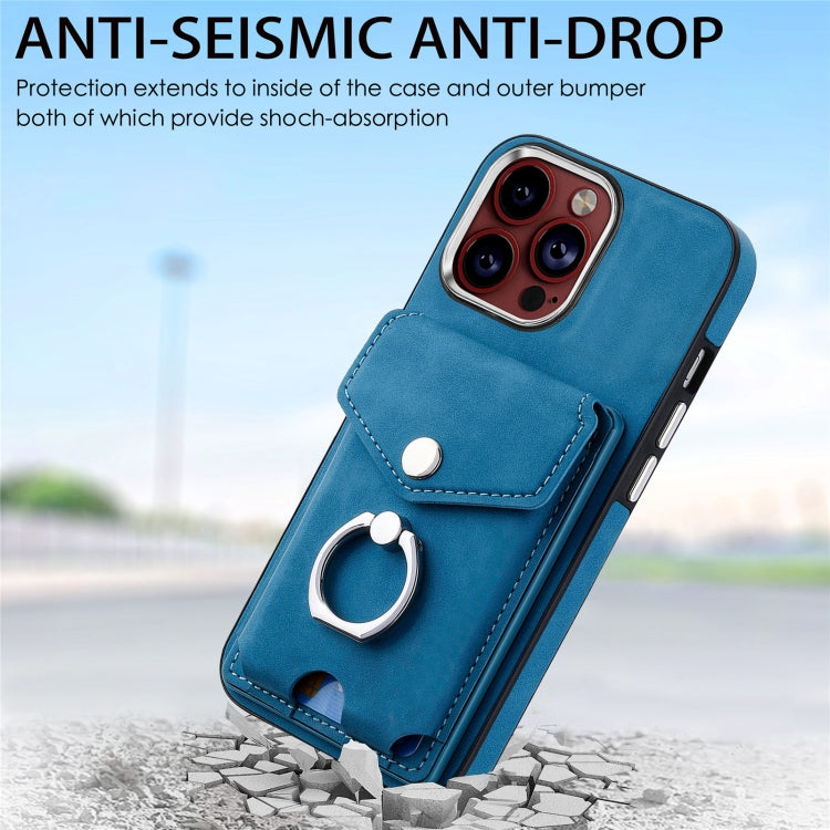 For iPhone 15 Pro Electroplating Skin-feel Leather Ring Card Wallet Phone Case(Blue) - HoMEdemic™ 