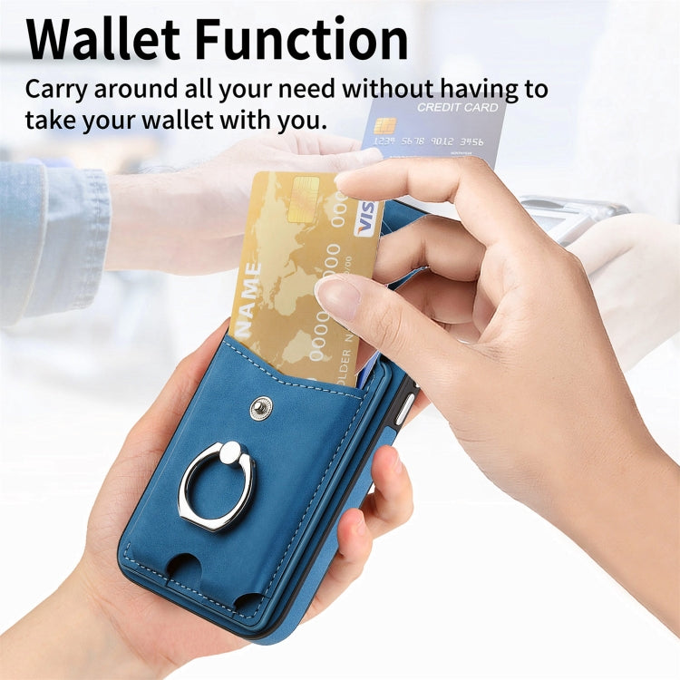 For iPhone 15 Pro Electroplating Skin-feel Leather Ring Card Wallet Phone Case(Blue) - HoMEdemic™ 