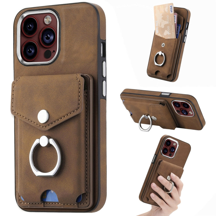 For iPhone 15 Pro Electroplating Skin-feel Leather Ring Card Wallet Phone Case(Brown) - HoMEdemic™ 