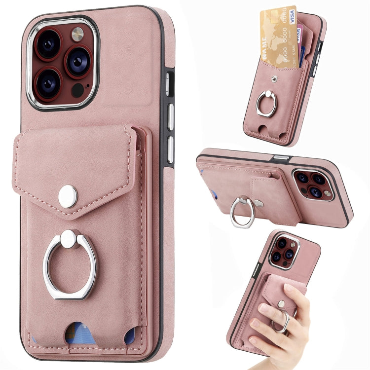 For iPhone 15 Pro Electroplating Skin-feel Leather Ring Card Wallet Phone Case(Pink) - HoMEdemic™ 