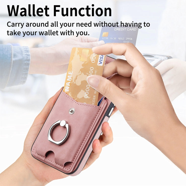 For iPhone 15 Pro Electroplating Skin-feel Leather Ring Card Wallet Phone Case(Pink) - HoMEdemic™ 