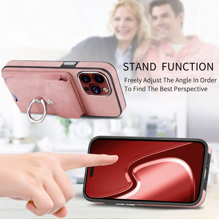 For iPhone 15 Pro Electroplating Skin-feel Leather Ring Card Wallet Phone Case(Pink) - HoMEdemic™ 