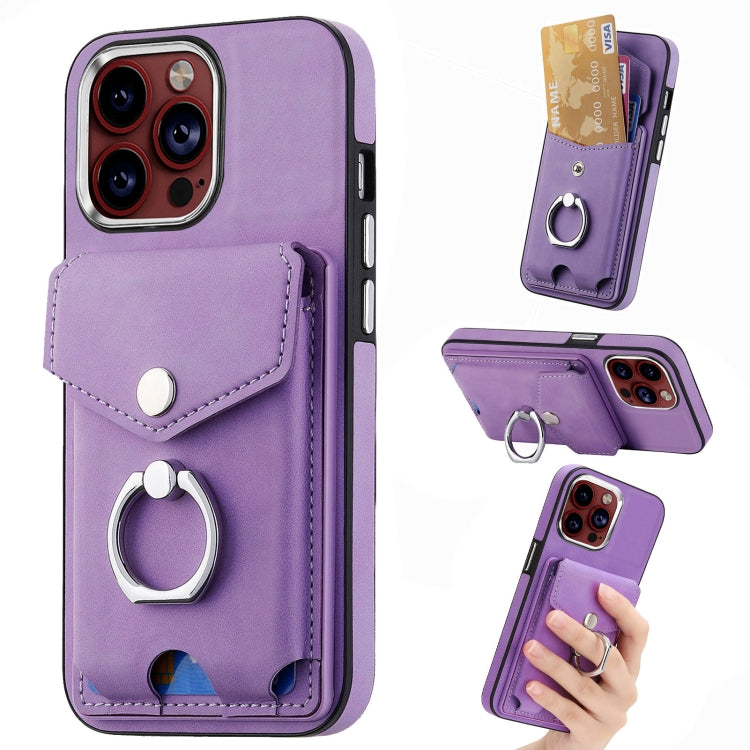 For iPhone 15 Pro Electroplating Skin-feel Leather Ring Card Wallet Phone Case(Purple) - HoMEdemic™ 