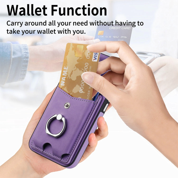 For iPhone 15 Pro Electroplating Skin-feel Leather Ring Card Wallet Phone Case(Purple) - HoMEdemic™ 