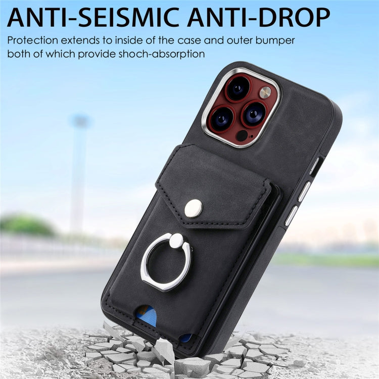 For iPhone 15 Pro Max Electroplating Skin-feel Leather Ring Card Wallet Phone Case(Black) - HoMEdemic™ 