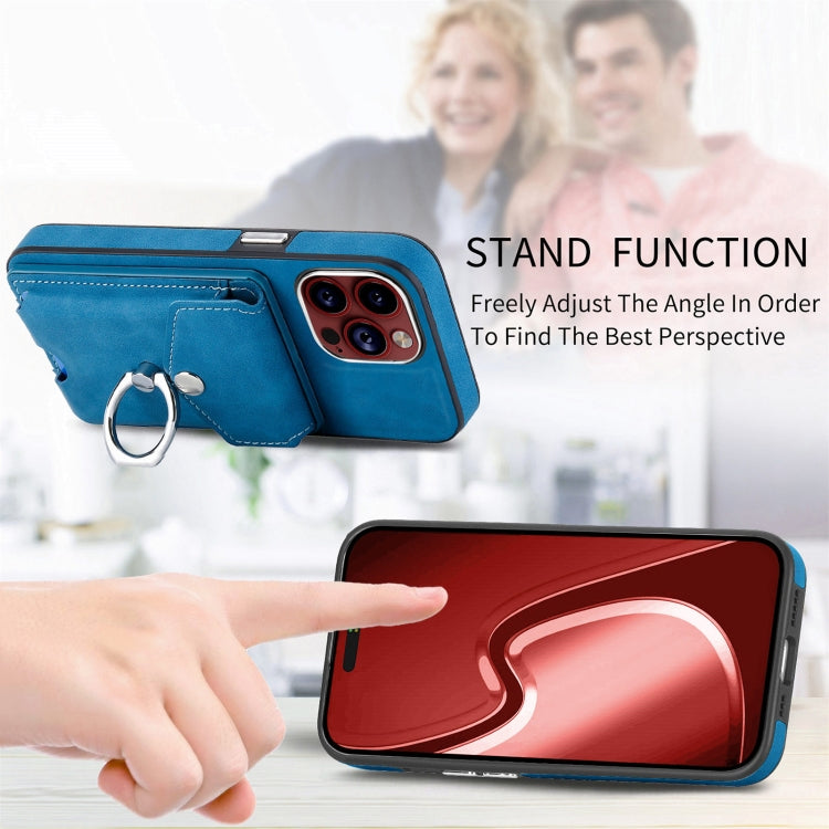 For iPhone 15 Pro Max Electroplating Skin-feel Leather Ring Card Wallet Phone Case(Blue) - HoMEdemic™ 