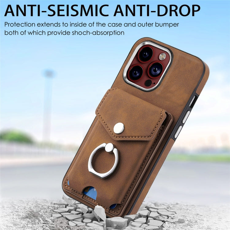 For iPhone 15 Pro Max Electroplating Skin-feel Leather Ring Card Wallet Phone Case(Brown) - HoMEdemic™ 