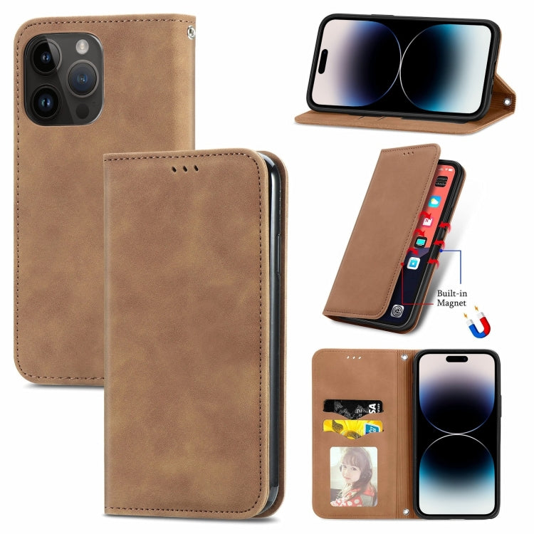 For iPhone 15 Pro Retro Skin Feel Magnetic Flip Leather Phone Case(Brown) - HoMEdemic™ 