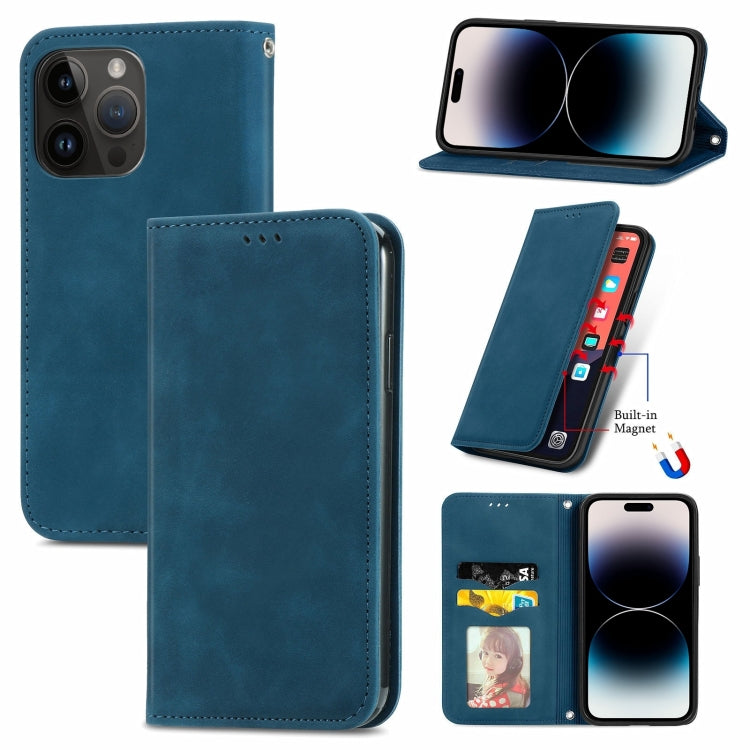 For iPhone 15 Pro Max Retro Skin Feel Magnetic Flip Leather Phone Case(Blue) - HoMEdemic™ 