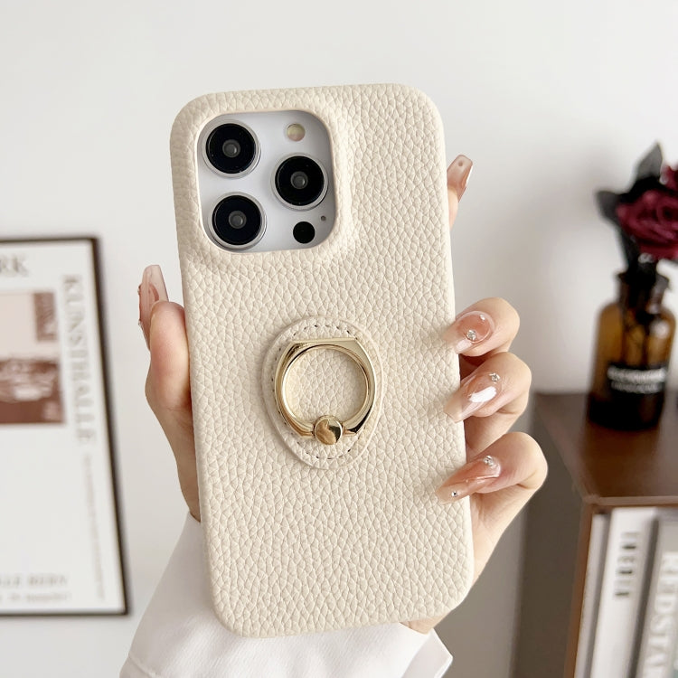 For iPhone 15 Pro Litchi Texture Ring Holder Shockproof Phone Case(White) - HoMEdemic™ 
