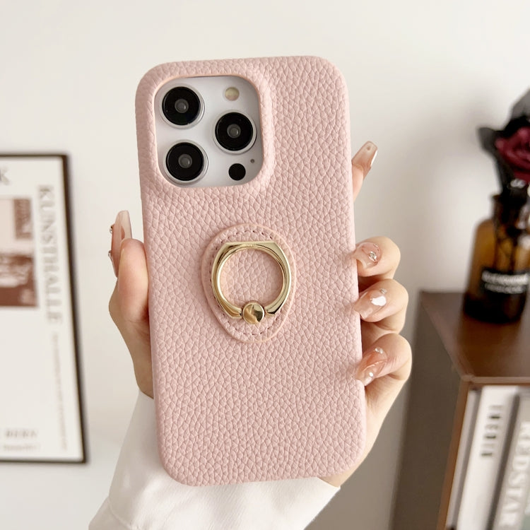 For iPhone 15 Pro Litchi Texture Ring Holder Shockproof Phone Case(Pink) - HoMEdemic™ 