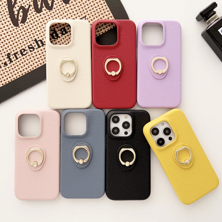 For iPhone 15 Pro Litchi Texture Ring Holder Shockproof Phone Case(Pink) - HoMEdemic™ 