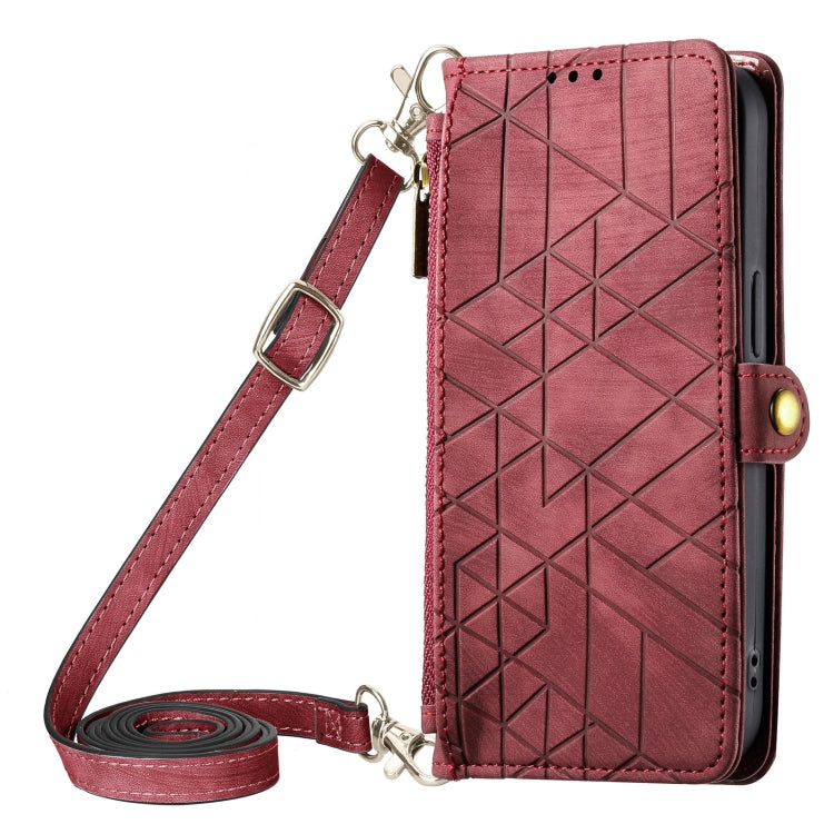 For iPhone 15 Pro Geometric Zipper Wallet Side Buckle Leather Phone Case with Crossbody Lanyard(Red) - HoMEdemic™ 