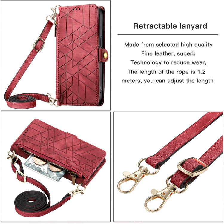 For iPhone 15 Pro Geometric Zipper Wallet Side Buckle Leather Phone Case with Crossbody Lanyard(Red) - HoMEdemic™ 