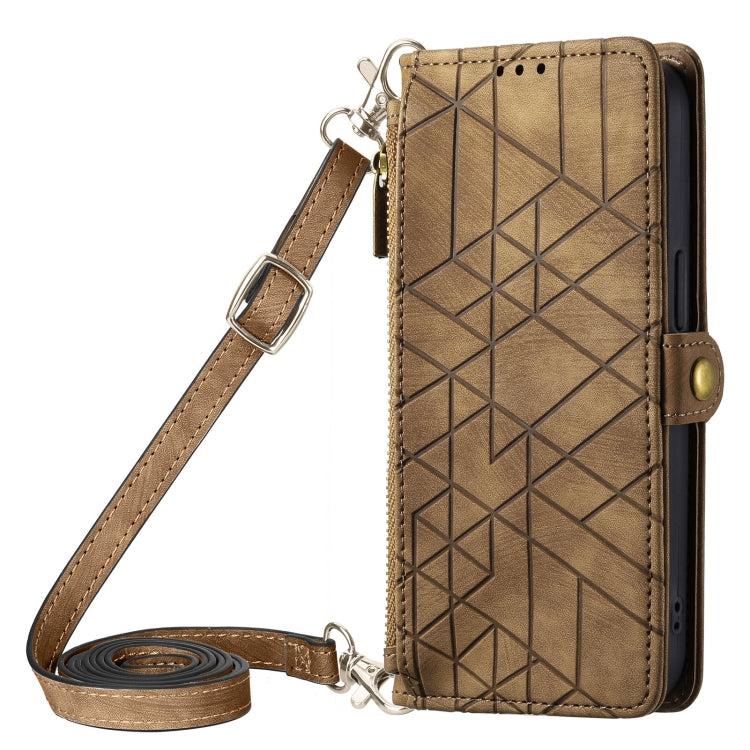 For iPhone 15 Pro Geometric Zipper Wallet Side Buckle Leather Phone Case with Crossbody Lanyard(Brown) - HoMEdemic™ 
