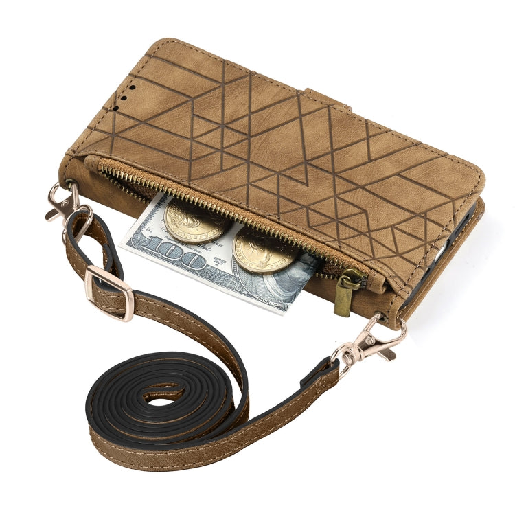 For iPhone 15 Pro Geometric Zipper Wallet Side Buckle Leather Phone Case with Crossbody Lanyard(Brown) - HoMEdemic™ 