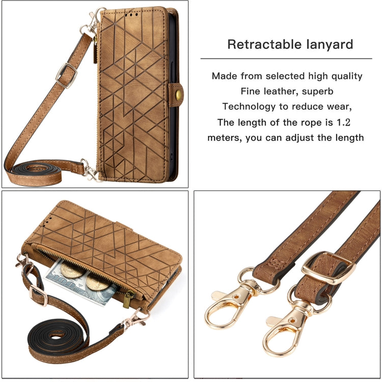 For iPhone 15 Pro Geometric Zipper Wallet Side Buckle Leather Phone Case with Crossbody Lanyard(Brown) - HoMEdemic™ 