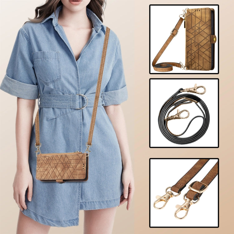 For iPhone 15 Pro Geometric Zipper Wallet Side Buckle Leather Phone Case with Crossbody Lanyard(Brown) - HoMEdemic™ 