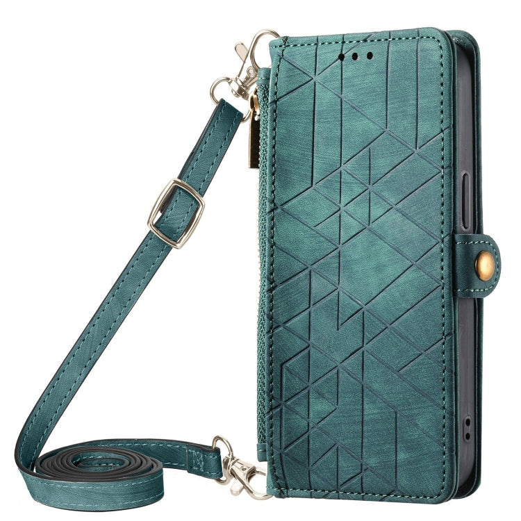 For iPhone 15 Pro Geometric Zipper Wallet Side Buckle Leather Phone Case with Crossbody Lanyard(Green) - HoMEdemic™ 