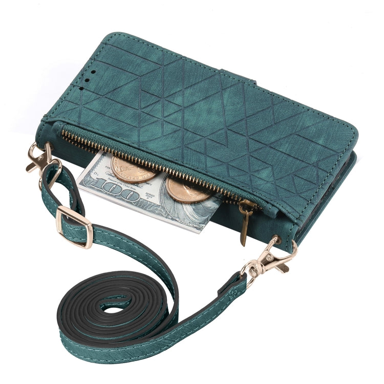 For iPhone 15 Pro Geometric Zipper Wallet Side Buckle Leather Phone Case with Crossbody Lanyard(Green) - HoMEdemic™ 
