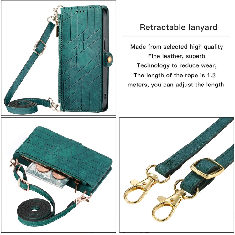 For iPhone 15 Pro Geometric Zipper Wallet Side Buckle Leather Phone Case with Crossbody Lanyard(Green) - HoMEdemic™ 