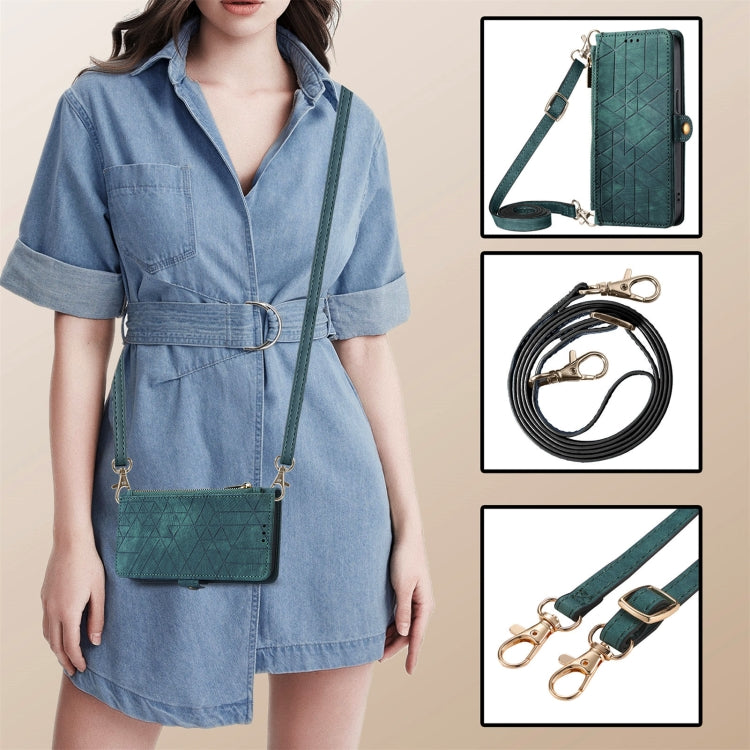 For iPhone 15 Pro Geometric Zipper Wallet Side Buckle Leather Phone Case with Crossbody Lanyard(Green) - HoMEdemic™ 