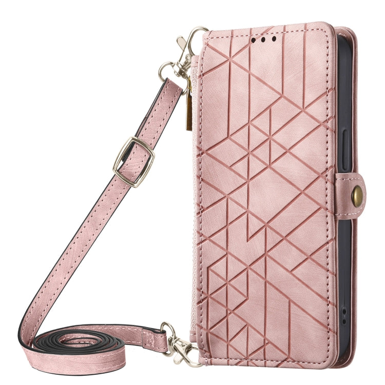 For iPhone 15 Pro Geometric Zipper Wallet Side Buckle Leather Phone Case with Crossbody Lanyard(Pink) - HoMEdemic™ 