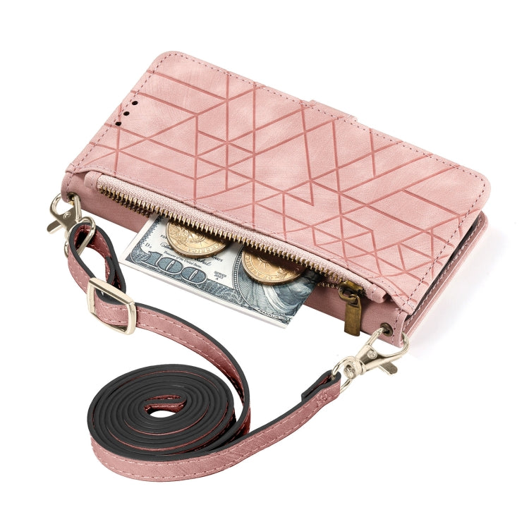 For iPhone 15 Pro Geometric Zipper Wallet Side Buckle Leather Phone Case with Crossbody Lanyard(Pink) - HoMEdemic™ 