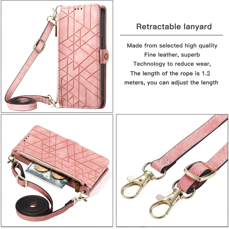 For iPhone 15 Pro Geometric Zipper Wallet Side Buckle Leather Phone Case with Crossbody Lanyard(Pink) - HoMEdemic™ 