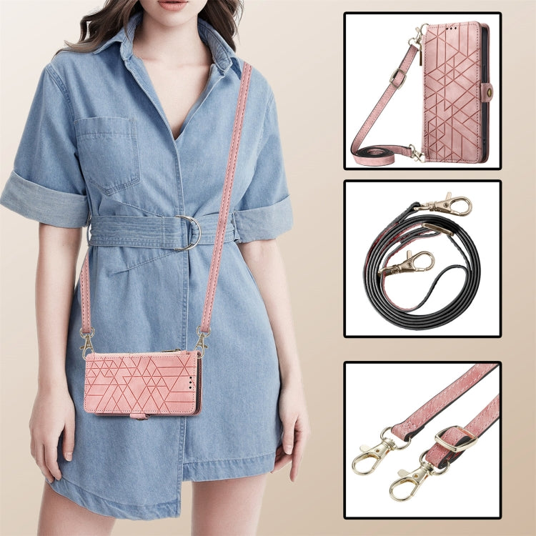 For iPhone 15 Pro Geometric Zipper Wallet Side Buckle Leather Phone Case with Crossbody Lanyard(Pink) - HoMEdemic™ 