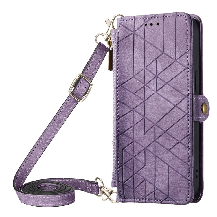 For iPhone 15 Pro Geometric Zipper Wallet Side Buckle Leather Phone Case with Crossbody Lanyard(Purple) - HoMEdemic™ 