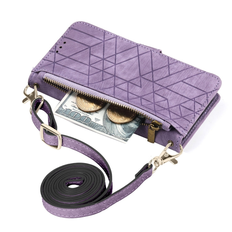 For iPhone 15 Pro Geometric Zipper Wallet Side Buckle Leather Phone Case with Crossbody Lanyard(Purple) - HoMEdemic™ 
