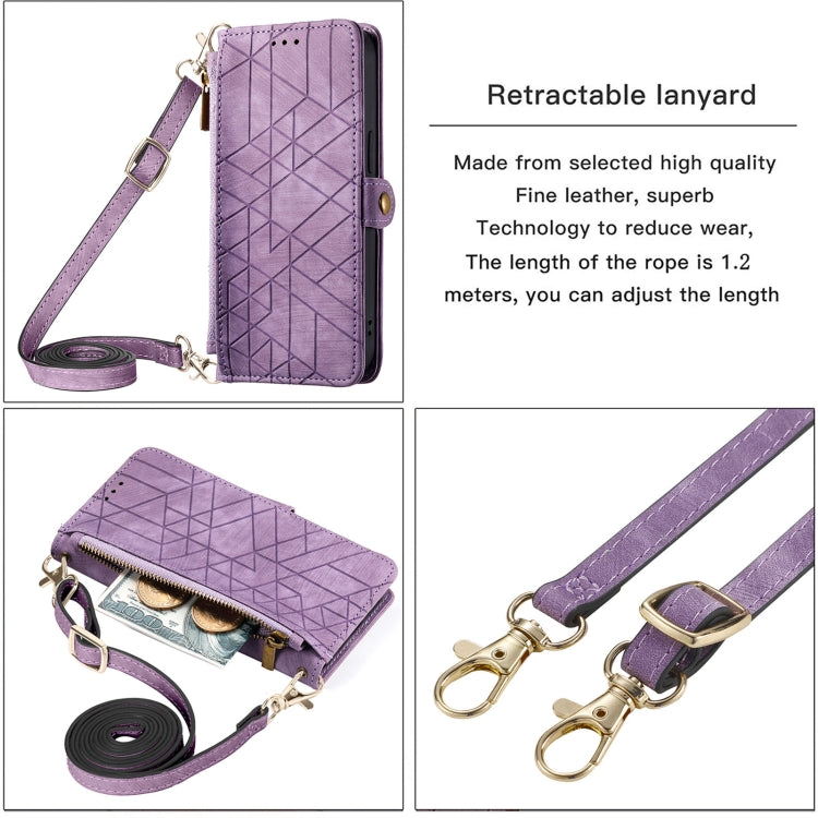 For iPhone 15 Pro Geometric Zipper Wallet Side Buckle Leather Phone Case with Crossbody Lanyard(Purple) - HoMEdemic™ 