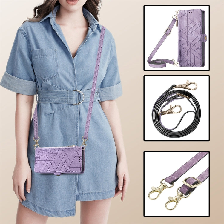 For iPhone 15 Pro Geometric Zipper Wallet Side Buckle Leather Phone Case with Crossbody Lanyard(Purple) - HoMEdemic™ 