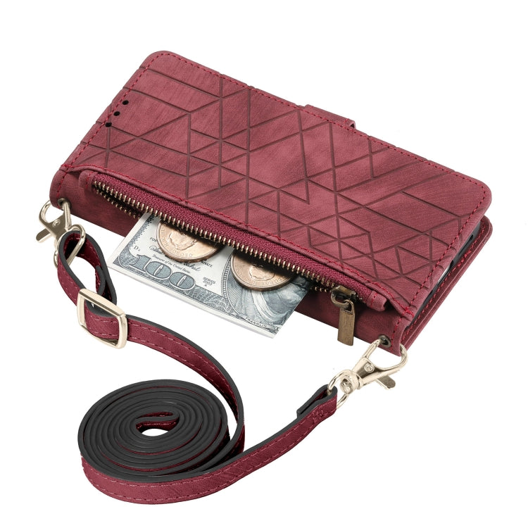 For  iPhone 15 Pro Max Geometric Zipper Wallet Side Buckle Leather Phone Case with Crossbody Lanyard(Red) - HoMEdemic™ 