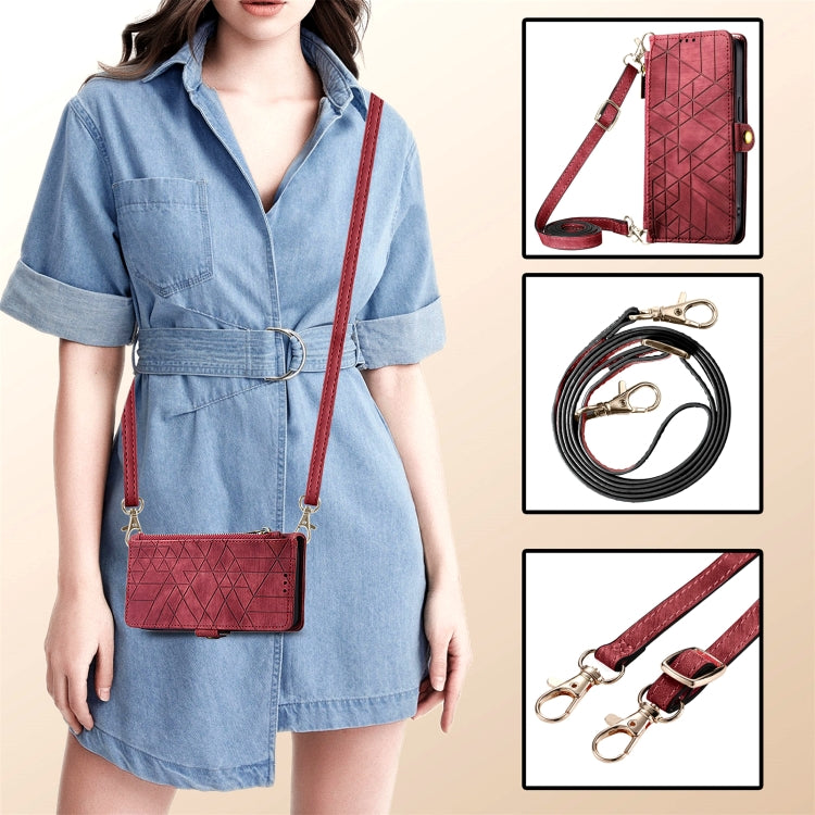 For  iPhone 15 Pro Max Geometric Zipper Wallet Side Buckle Leather Phone Case with Crossbody Lanyard(Red) - HoMEdemic™ 
