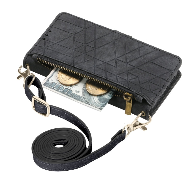 For  iPhone 15 Pro Max Geometric Zipper Wallet Side Buckle Leather Phone Case with Crossbody Lanyard(Black) - HoMEdemic™ 