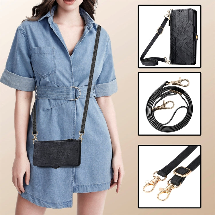 For  iPhone 15 Pro Max Geometric Zipper Wallet Side Buckle Leather Phone Case with Crossbody Lanyard(Black) - HoMEdemic™ 