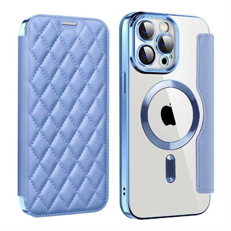 For iPhone 15 Pro Shield Magsafe RFID Anti-theft Rhombus Leather Phone Case(Blue) - HoMEdemic™ 