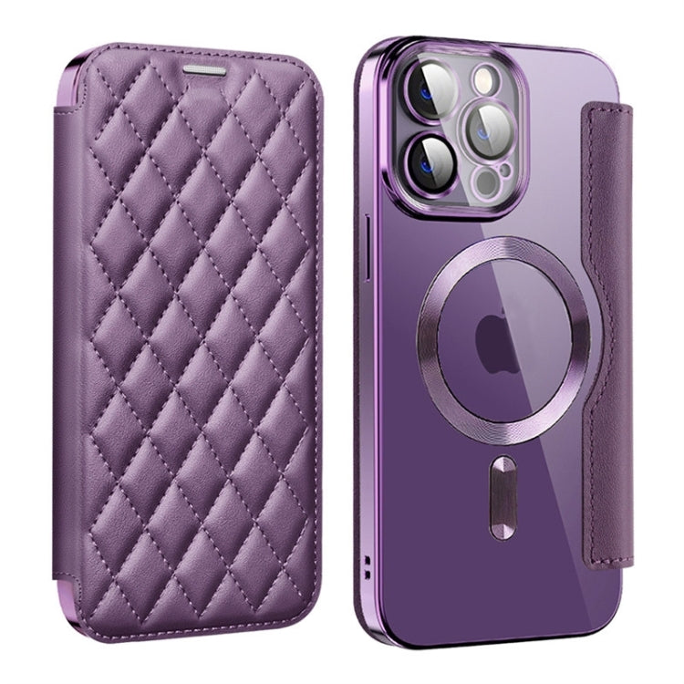 For iPhone 15 Pro Shield Magsafe RFID Anti-theft Rhombus Leather Phone Case(Purple) - HoMEdemic™ 