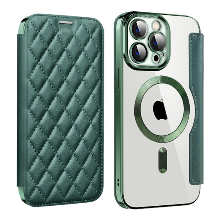 For iPhone 15 Pro Max Shield Magsafe RFID Anti-theft Rhombus Leather Phone Case(Green) - HoMEdemic™ 