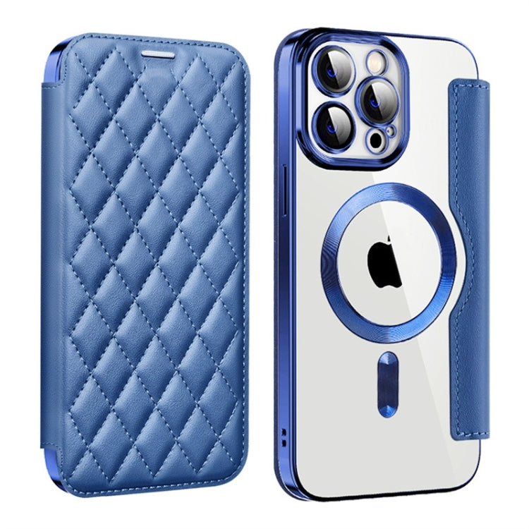 For iPhone 15 Pro Max Shield Magsafe RFID Anti-theft Rhombus Leather Phone Case(Dark Blue) - HoMEdemic™ 