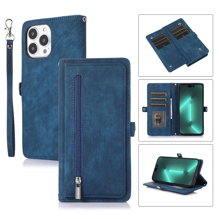 For iPhone 15 Pro Max Zipper Card Slot Buckle Wallet Leather Phone Case(Blue) - HoMEdemic™ 