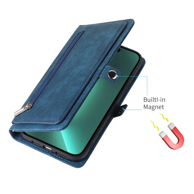 For iPhone 15 Pro Max Zipper Card Slot Buckle Wallet Leather Phone Case(Blue) - HoMEdemic™ 